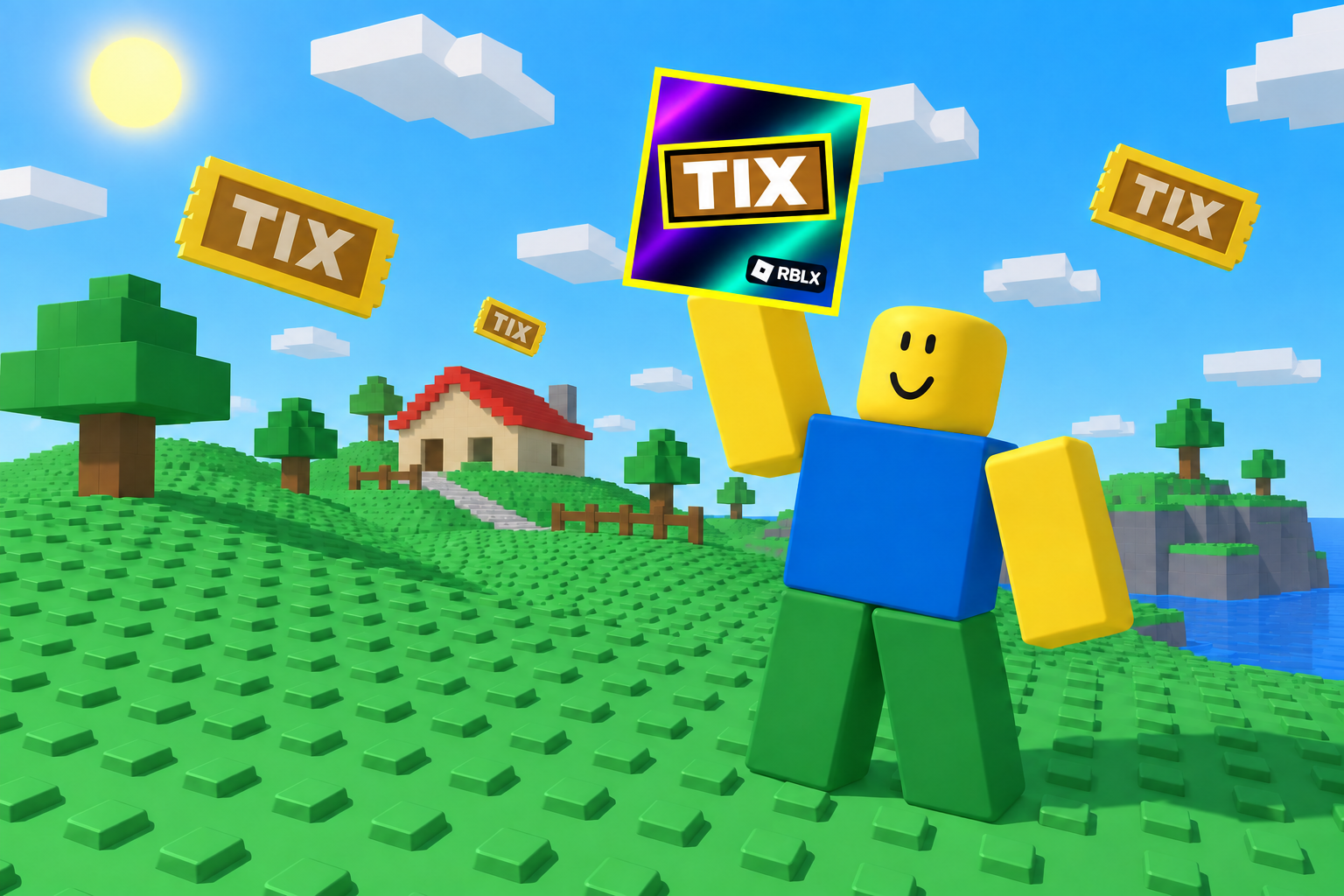 A smiling yellow block character holding the Solana-color TIX logo with its RBLX badge in a nostalgic green studded game world